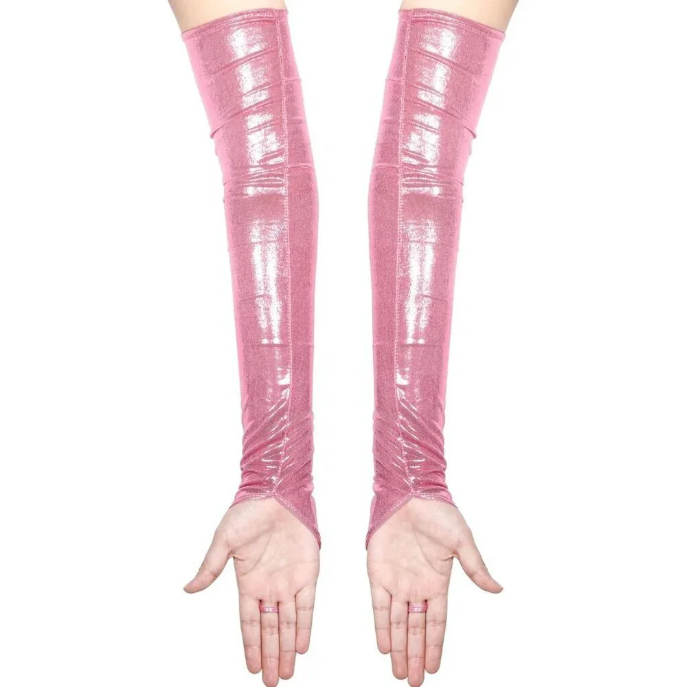 Women's Pink Shiny Elastic Satin Rave Fingerless Long Gloves Party Costume